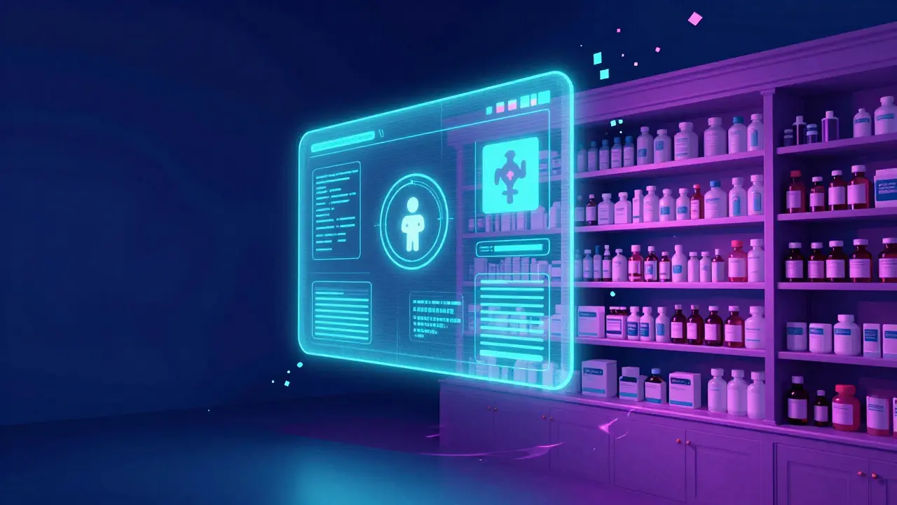 Digital pharmaceutical interface merging with a physical pharmacy in a surreal neon style