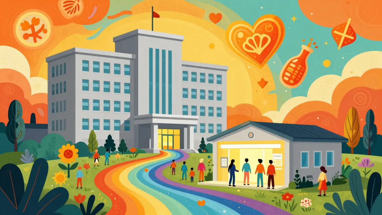 Flow of patients moving from a large hospital to a small community health hub in psychedelic art