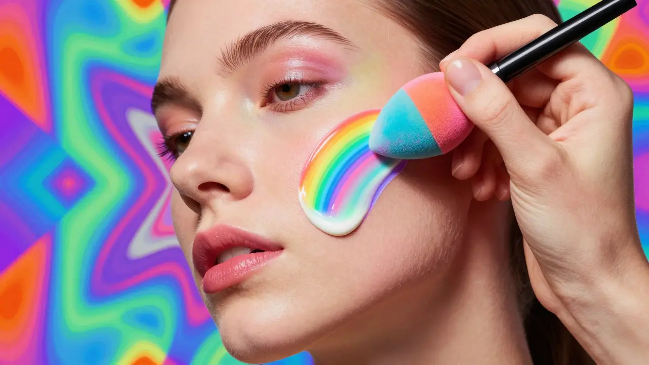 Illustration showing a makeup sponge applying rainbow-colored camouflage to skin in a trippy style.