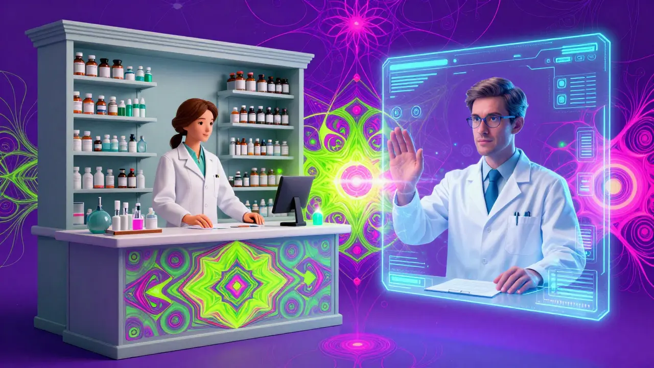 Psychedelic art showing a pharmacist transitioning from a physical store to a digital video call.