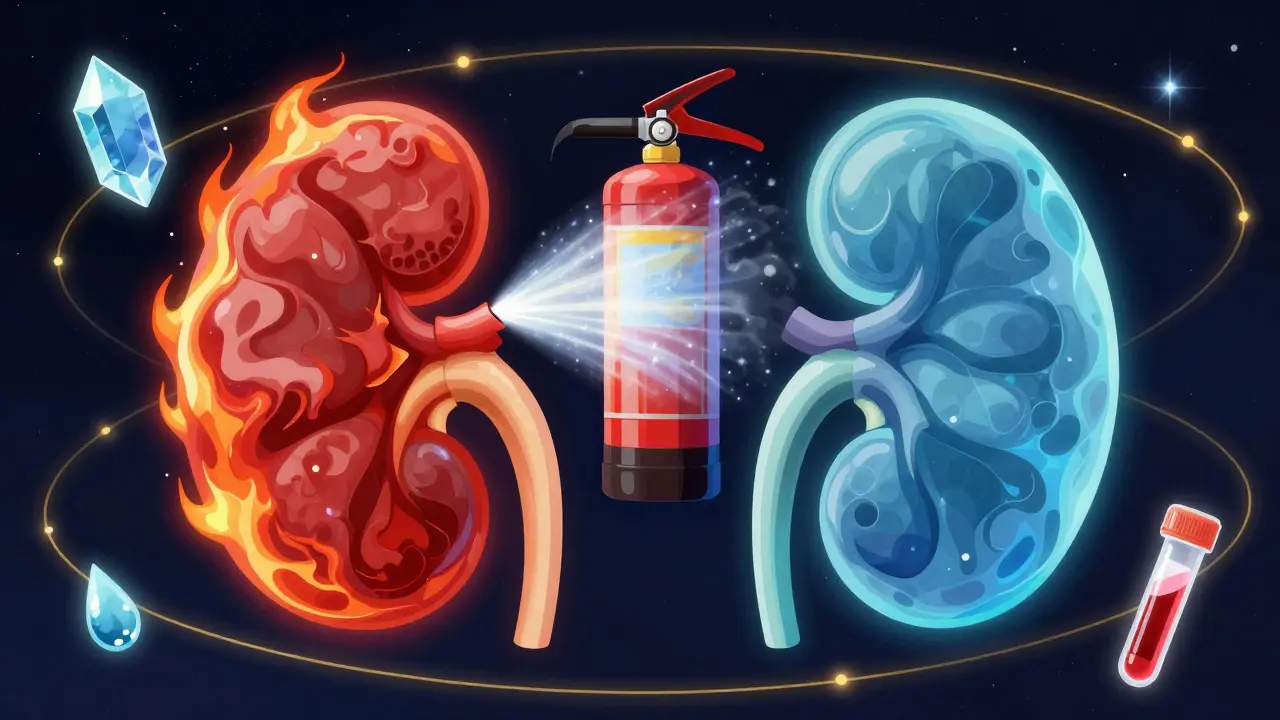 Psychedelic depiction of kidneys healing from red inflammation to calm blue with a mist of light.