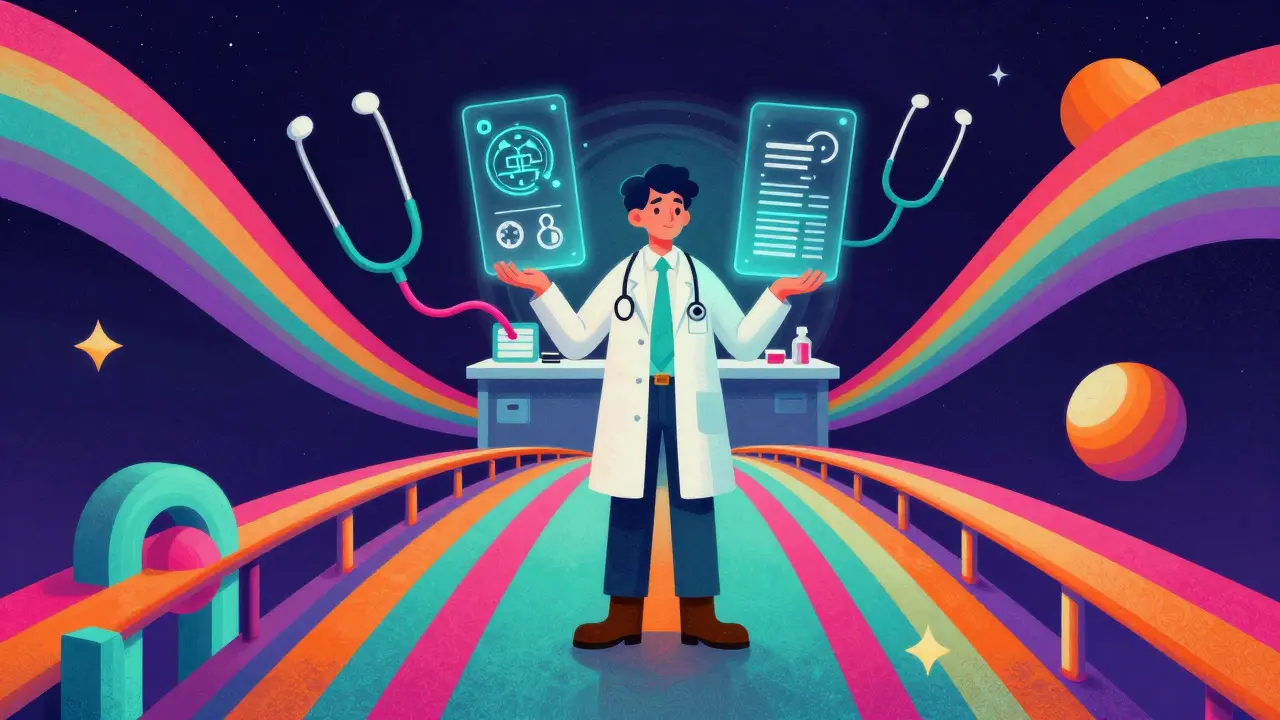 Psychedelic illustration of a rainbow bridge connecting a virtual doctor to a pharmacy.