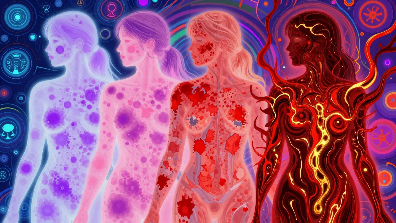 Psychedelic illustration showing three stages of skin detachment from mild to severe.