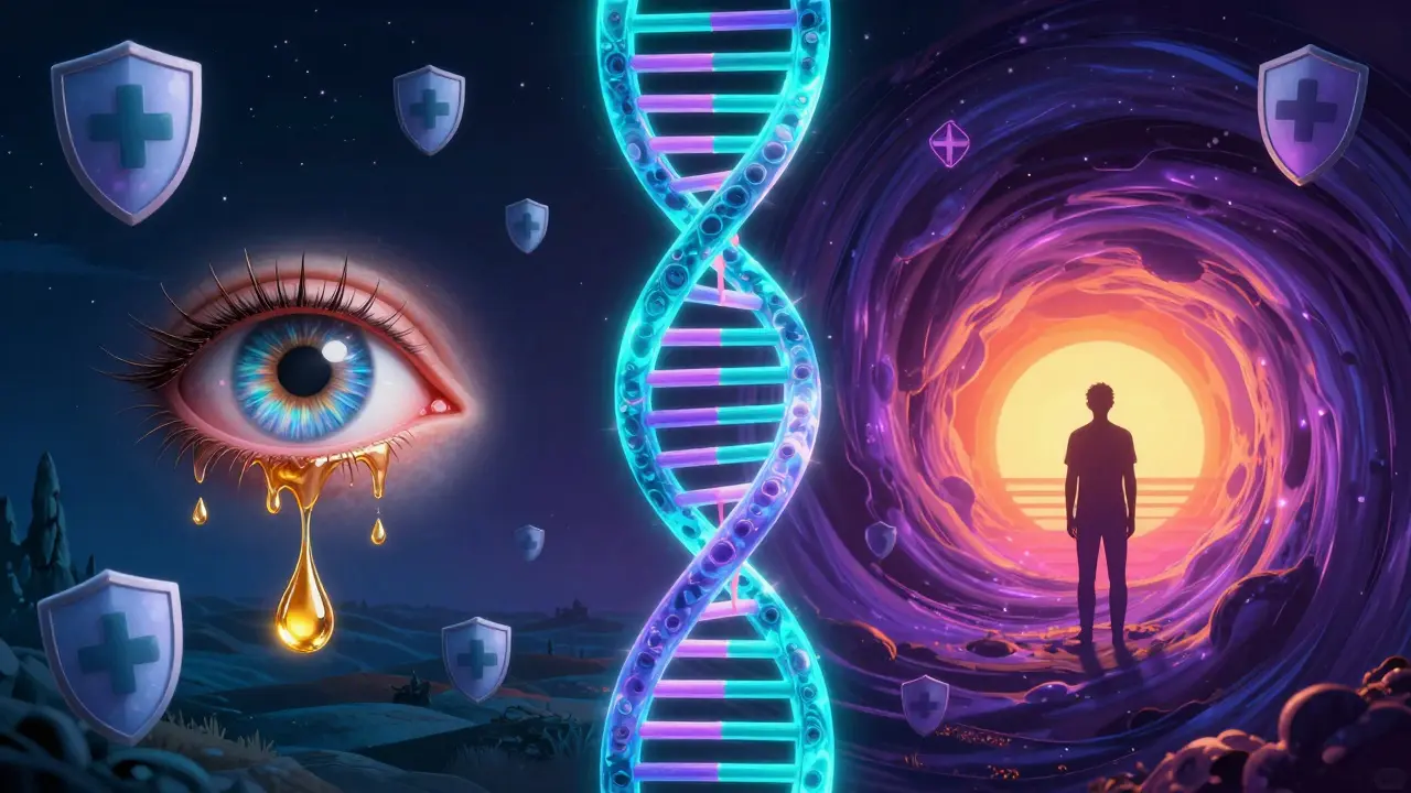 Psychedelic poster art of a DNA helix and healing eyes representing medical recovery.