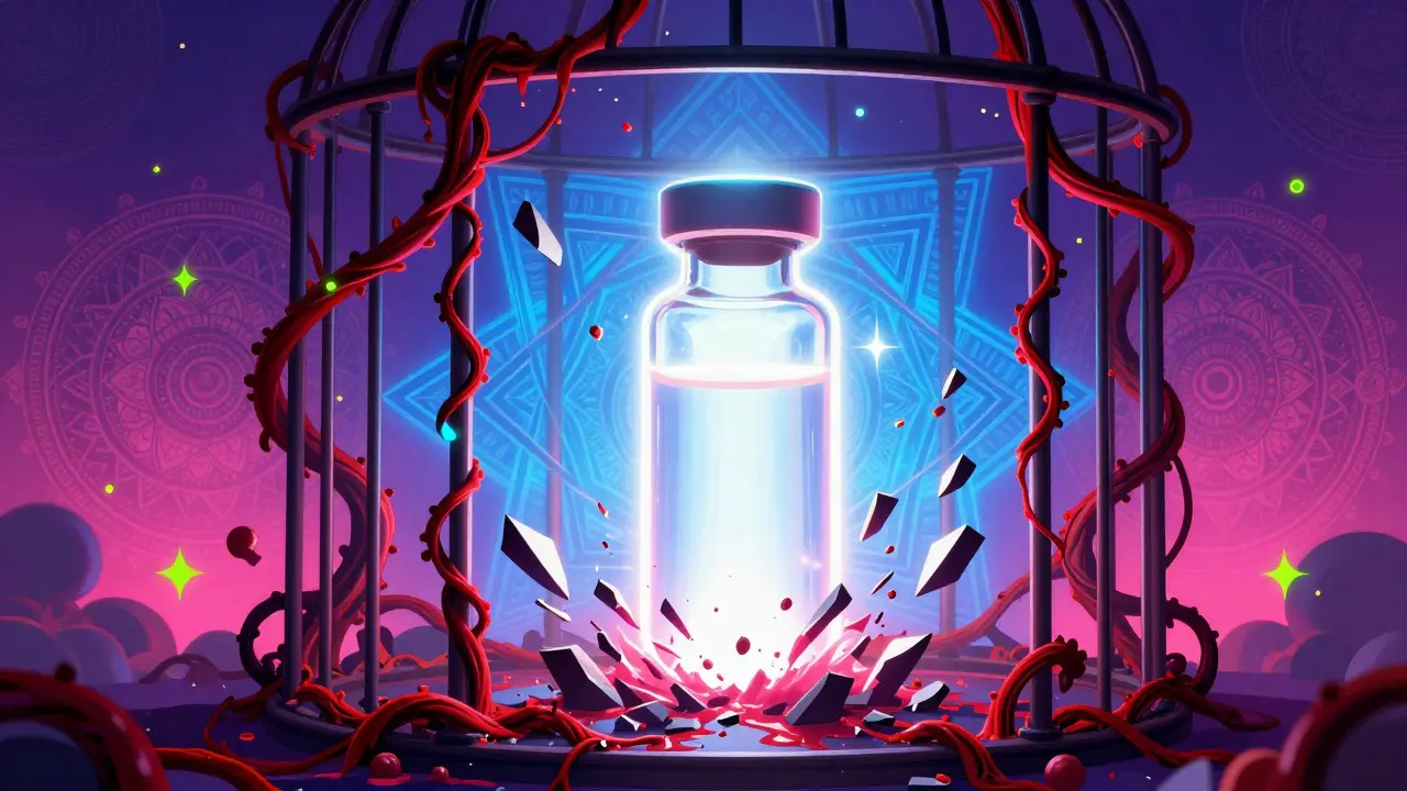 Psychedelic poster showing a luminous medical vial breaking red swirls to restore balance.