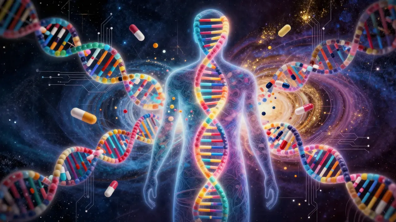 Stylized silhouette with a colorful DNA helix and pills representing personalized genomic medicine.