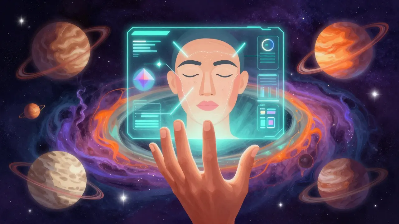 Surreal artwork of a holographic skin-tone analyzer surrounded by orbiting pigment galaxies.