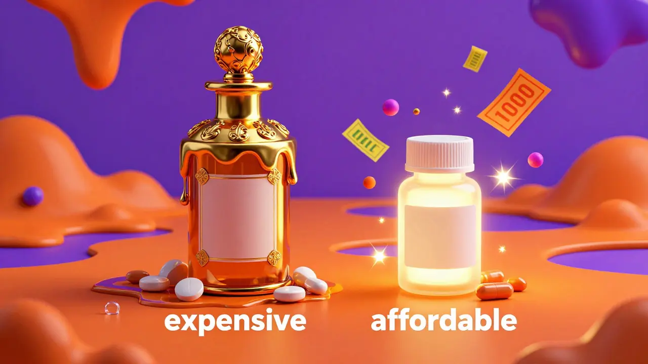 Surreal illustration contrasting an expensive gold bottle with a glowing affordable one.