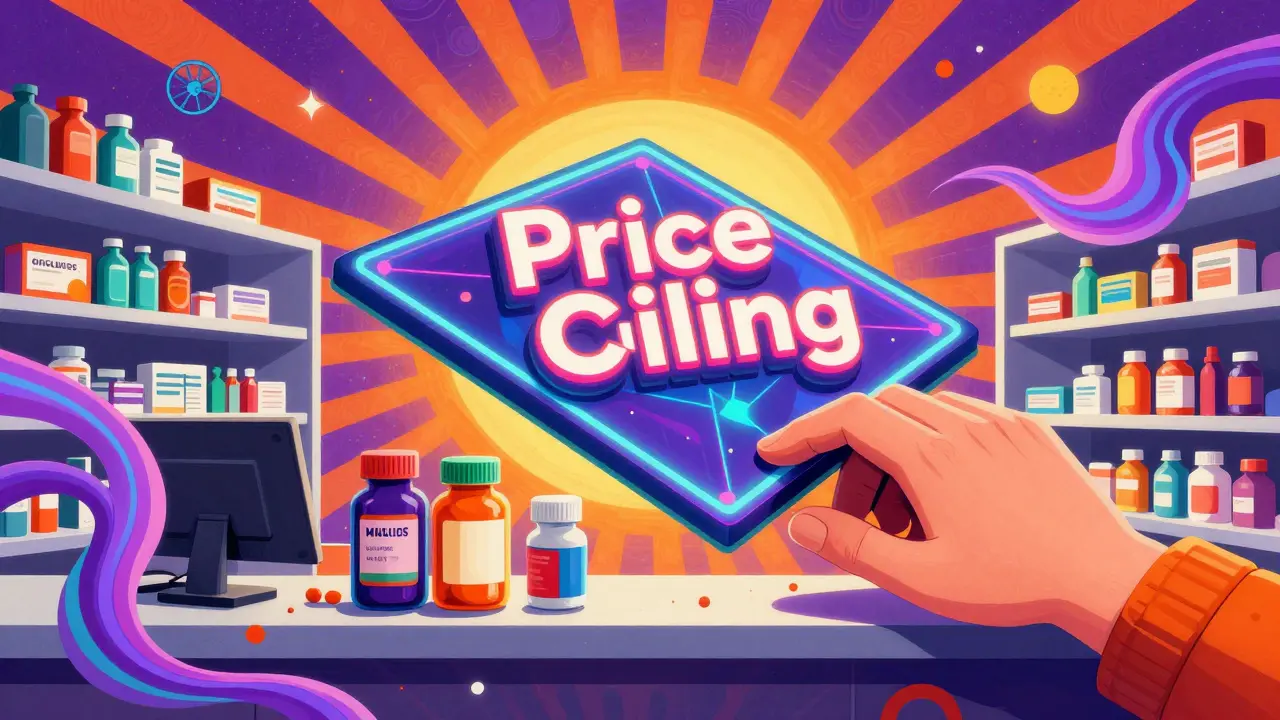 Surreal illustration of a neon price ceiling hovering over a pharmacy counter.