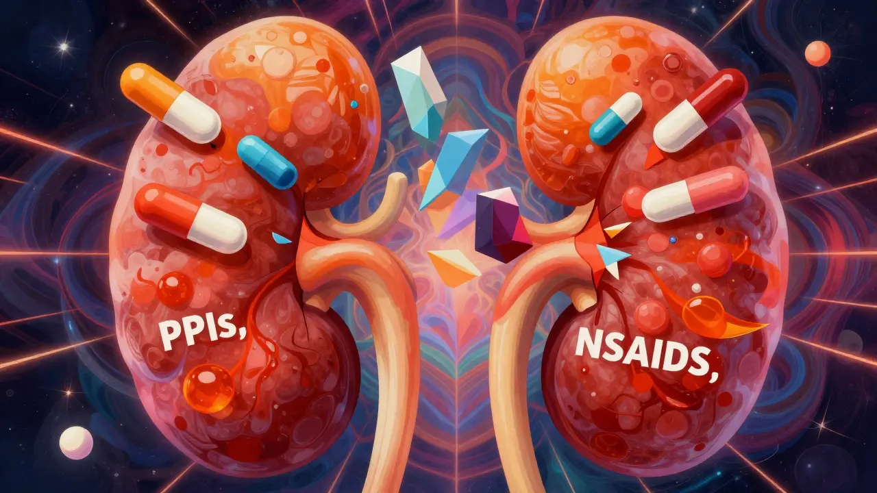 Surreal illustration of geometric drug shards causing inflammation in colorful, abstract kidneys.