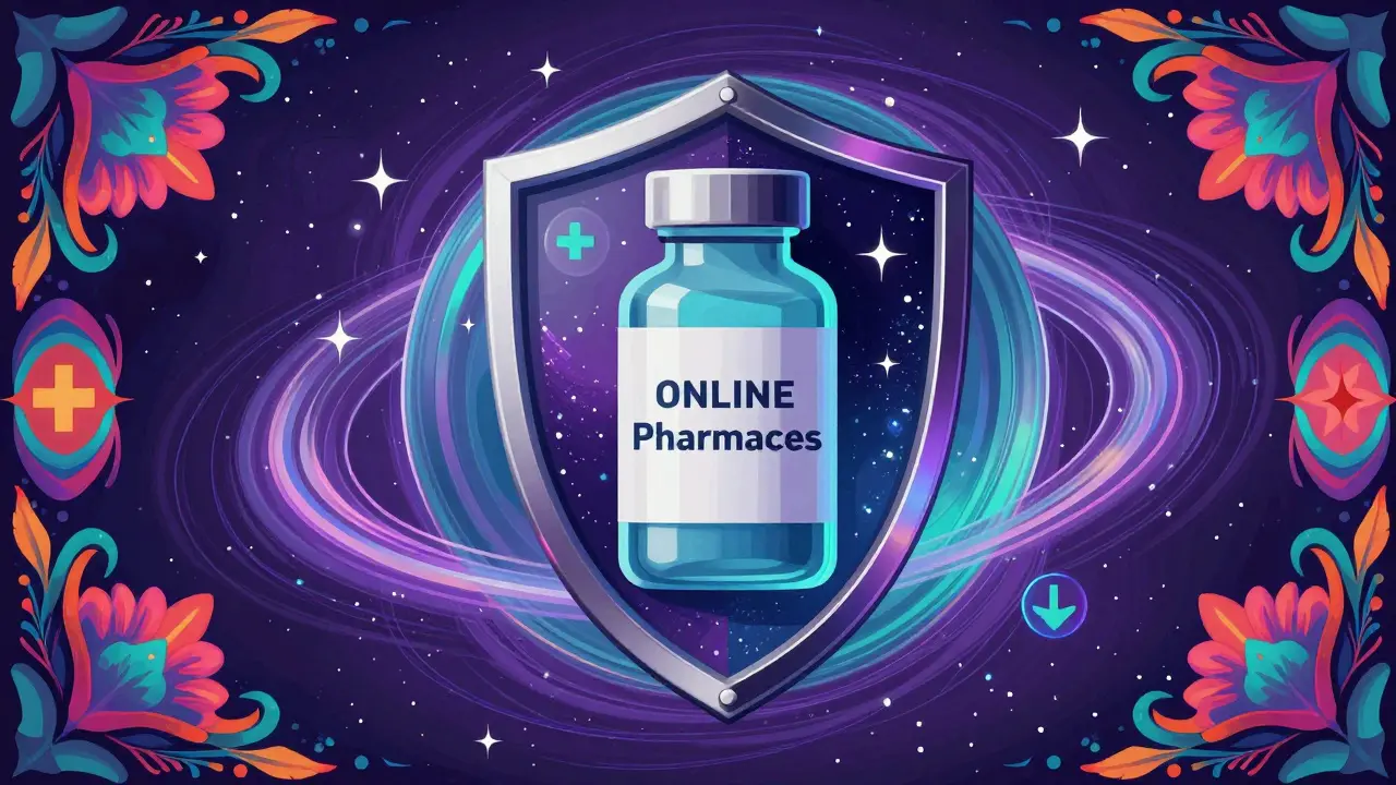 Vibrant psychedelic art of a shimmering shield protecting a medicine bottle.